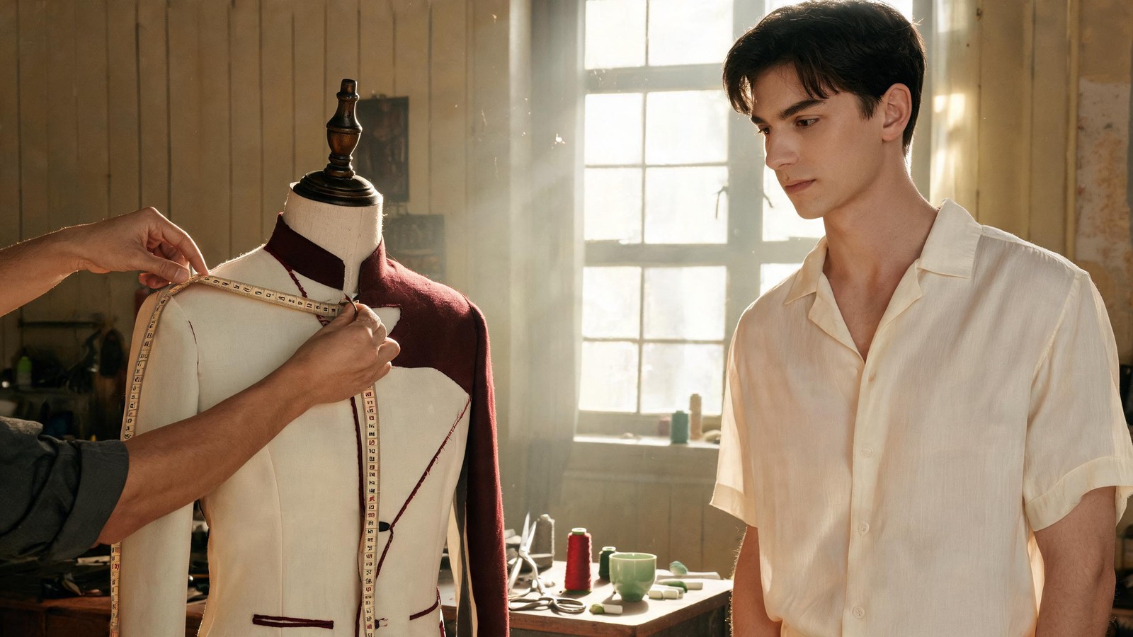 A tailor measuring a half-finished jacket on a dress form while a customer watches in a Shanghai workshop