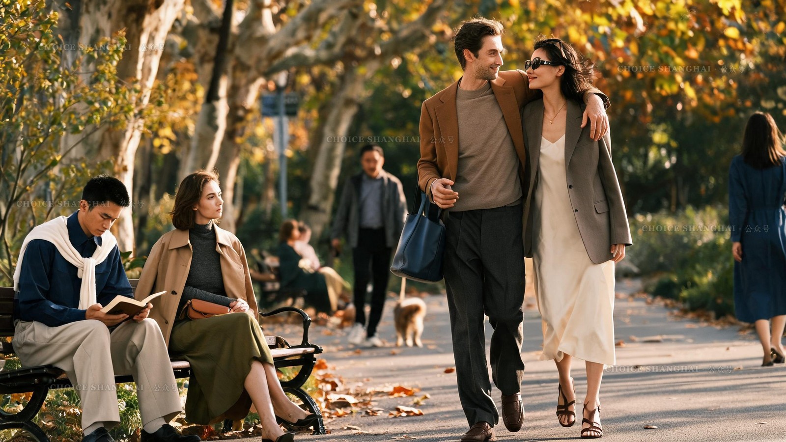 People relaxing in a leafy Shanghai park on a bright autumn afternoon, tree-lined paths and golden leaves