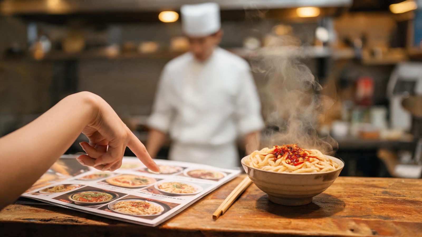 Close up of a hand pointing at a glossy picture menu at a casual Shanghai noodle stall, a 