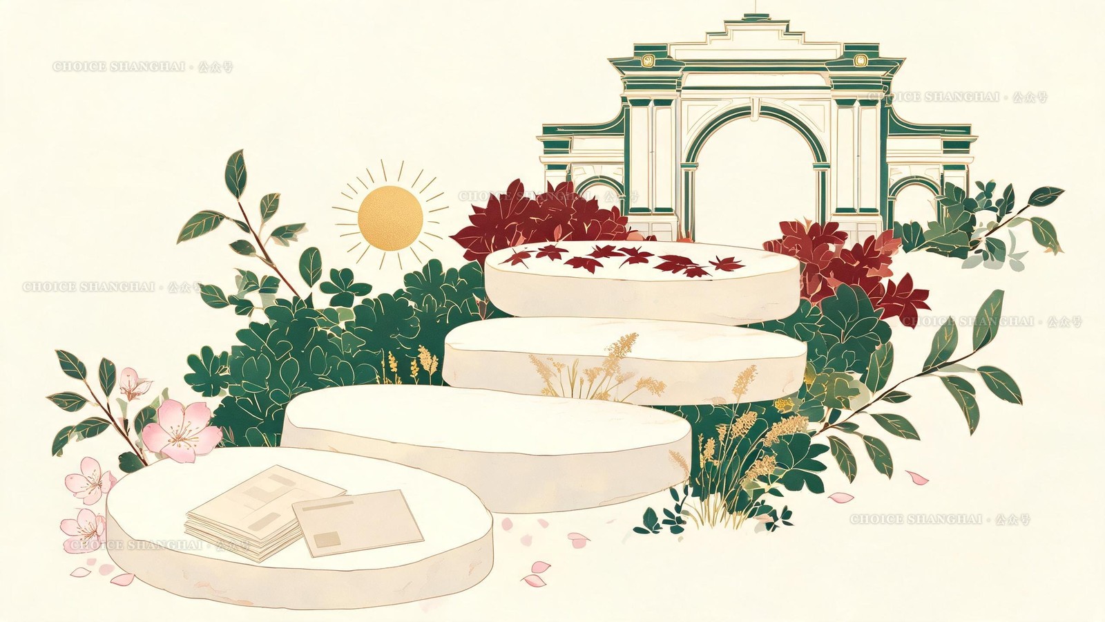 An illustration of the enrolment journey as seasonal stepping stones, spring blossom to autumn leaves, rising past application papers to a Shanghai school gate