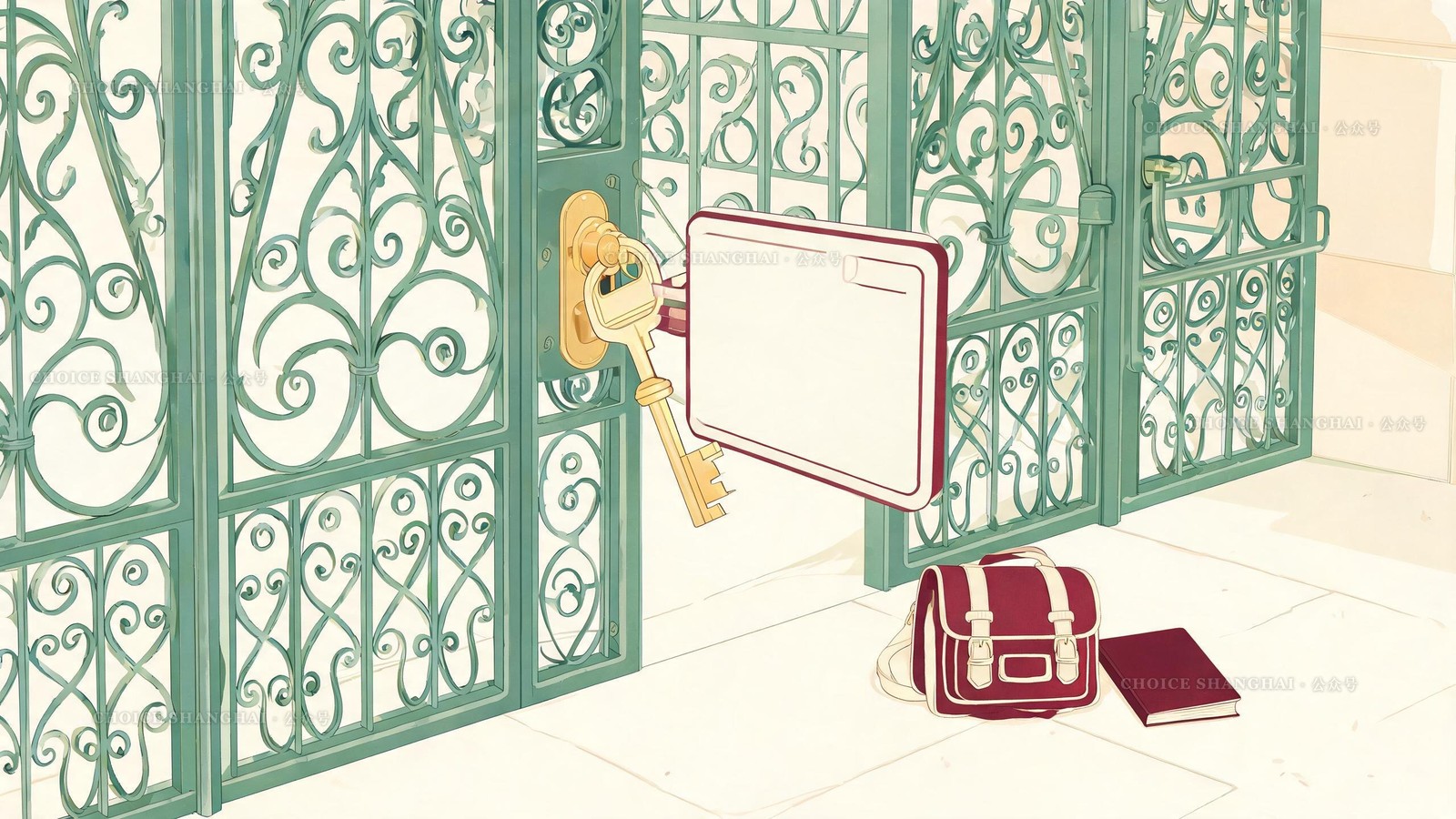 An illustration of a Shanghai residence permit as a golden key turning in the lock of an ornate school gate, a satchel and book waiting on the ground