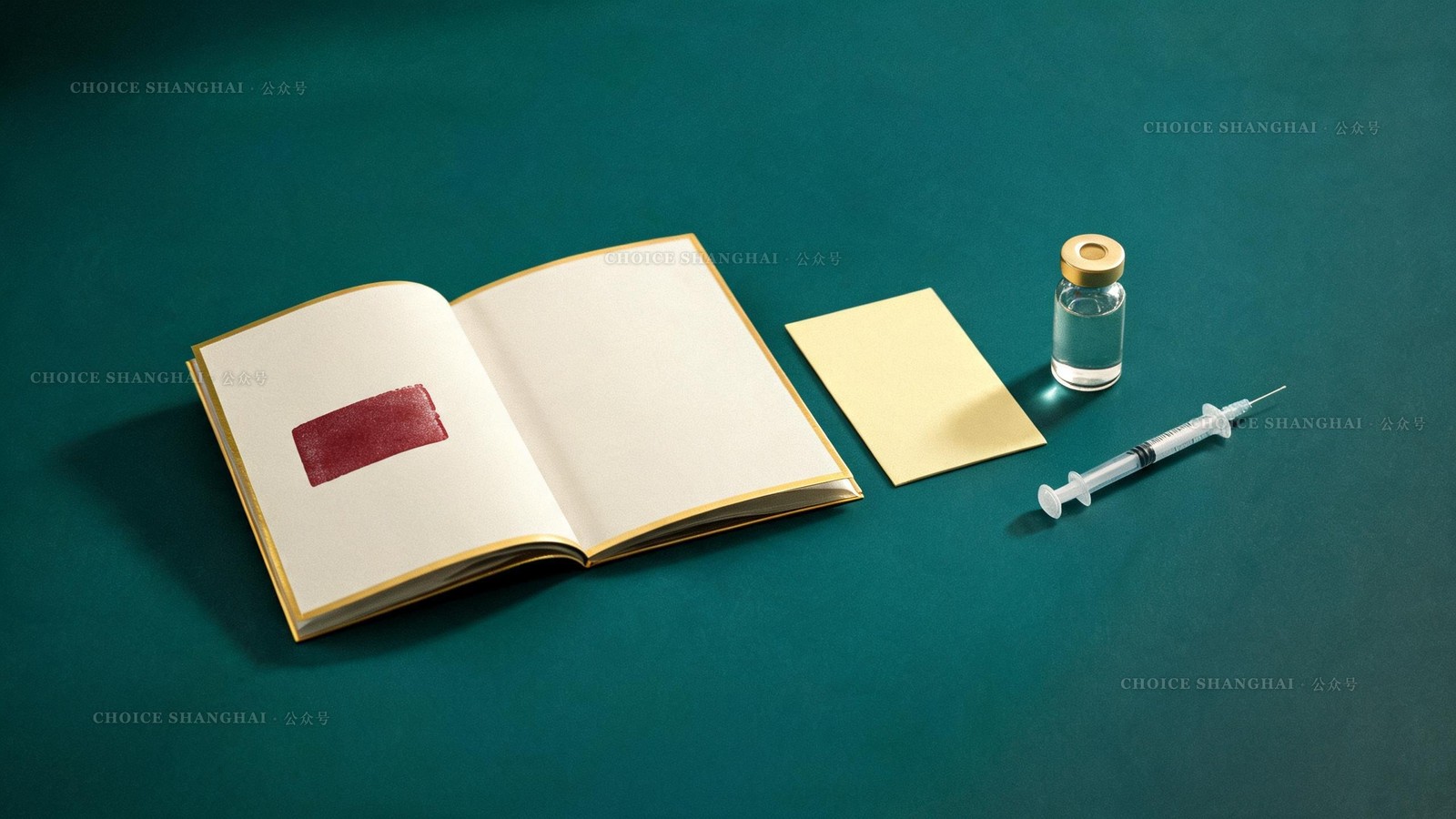 An illustration of an open stamped vaccination booklet, an international certificate card, a vaccine vial and a syringe on a petrol-green surface