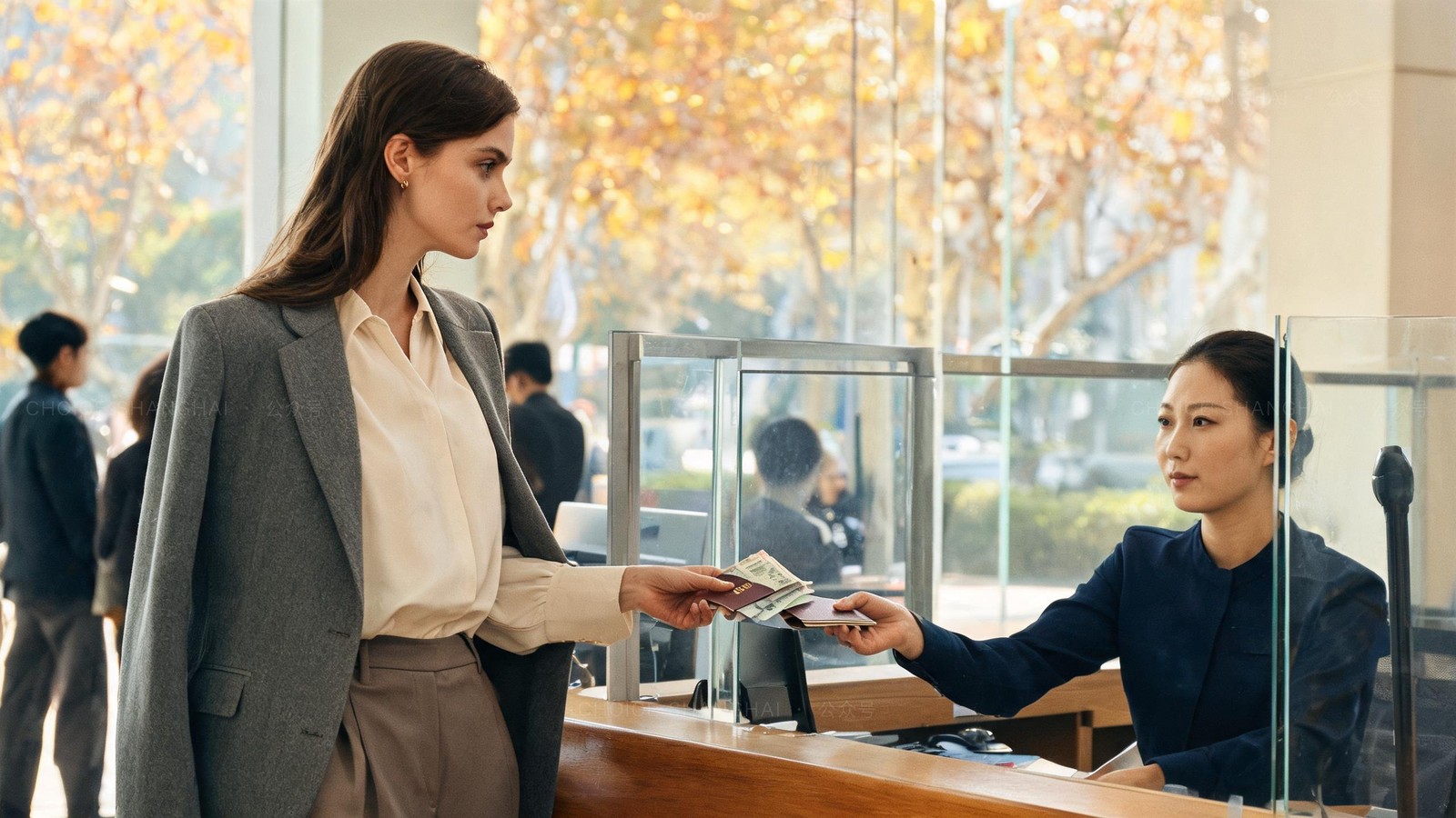 A woman in a grey blazer handing her passport and foreign banknotes to a bank teller at a Shanghai foreign-exchange counter, autumn trees outside