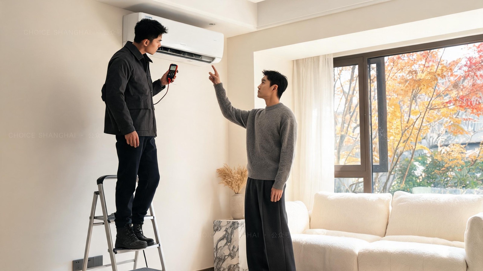 An air-conditioning technician on a step ladder checking a white wall-mounted AC unit while a man tenant in a grey sweater looks up and points at it, bright apartment