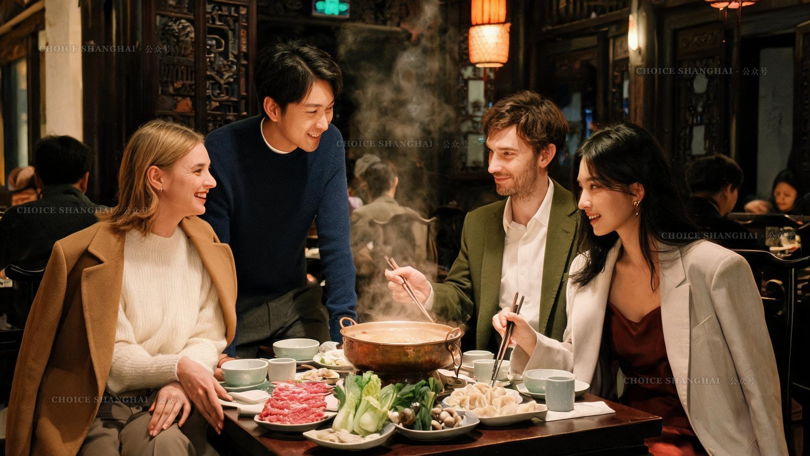 A warm candid scene of friends laughing together over a hot pot dinner in a cosy Shanghai restaurant on a winter night