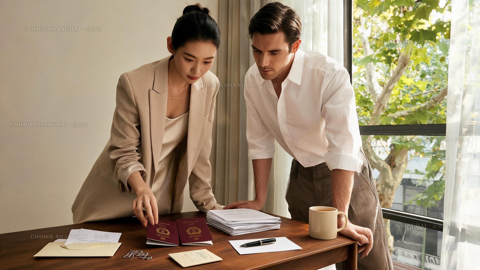 Parents assembling a Shanghai international school application packet of passports, school reports and forms on a desk