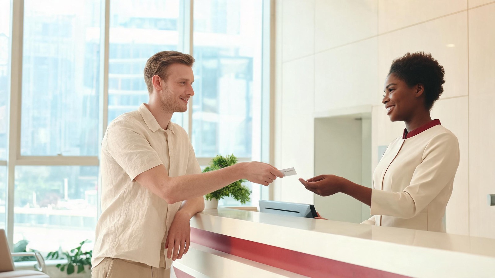 Patient handing a card at an international hospital reception in Shanghai