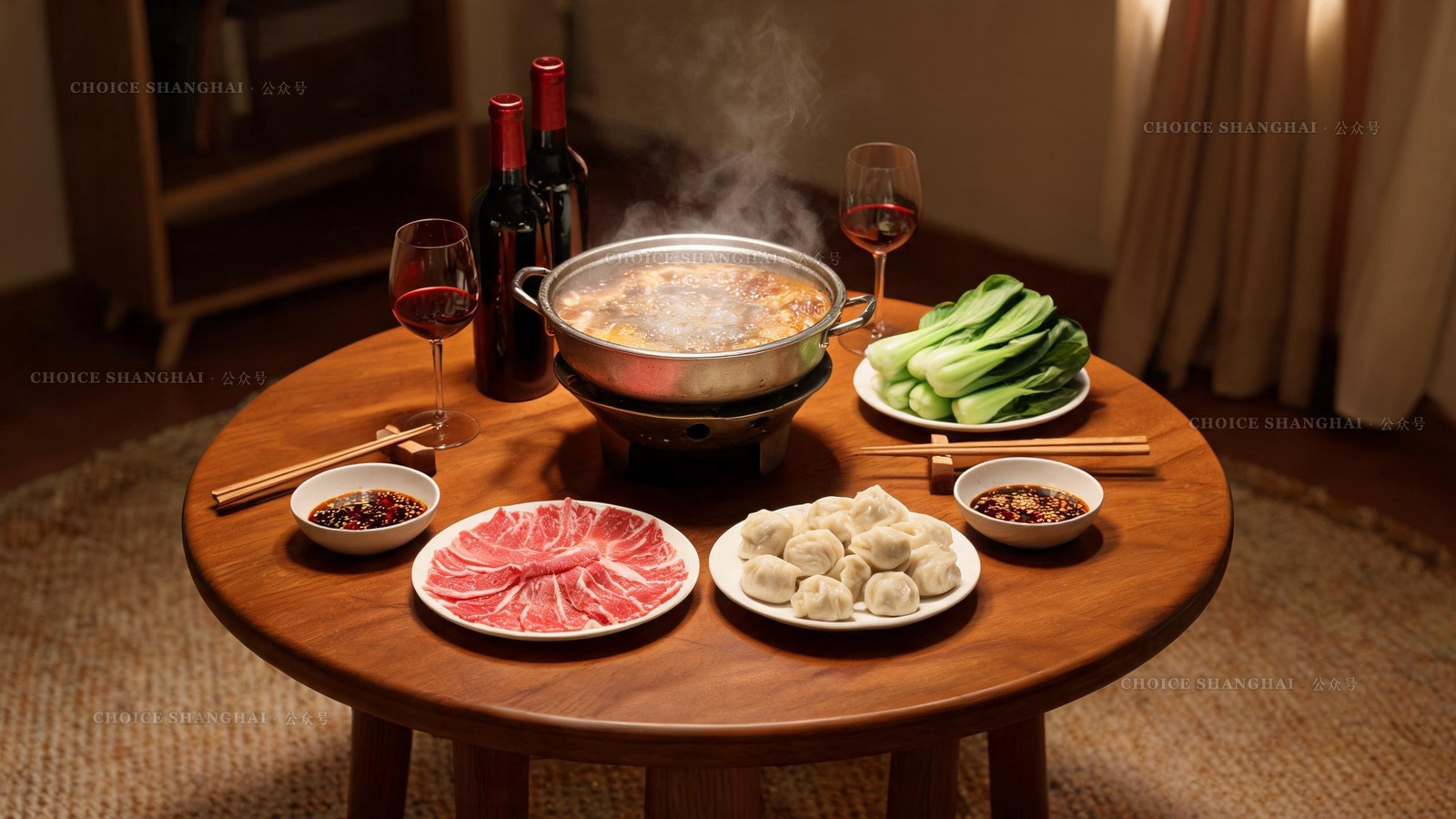 A small round table set with a hotpot, sliced meat, dumplings, greens and dipping sauces in warm lamplight