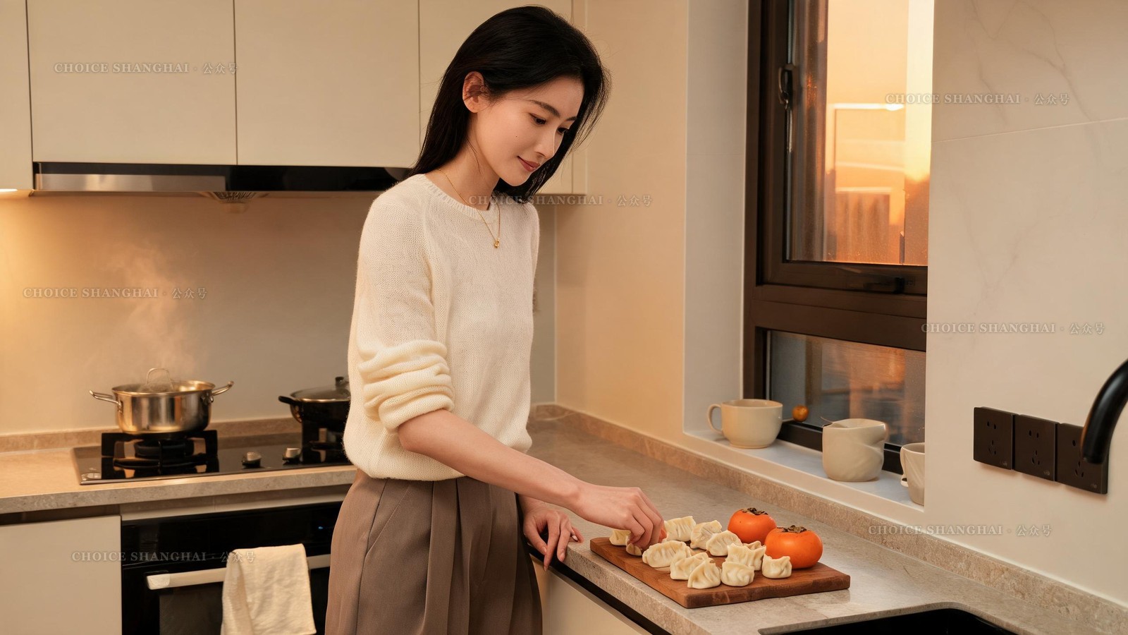 A host arranging dumplings and persimmons on a board in a compact modern Shanghai kitchen at golden hour