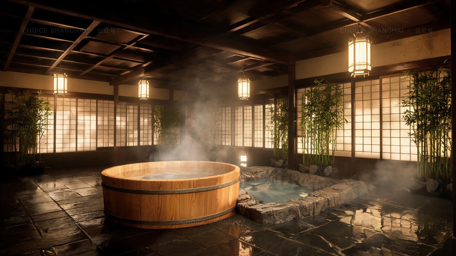 A Japanese-style indoor hot spring with a round cypress-wood tub and a steaming stone mineral pool among bamboo and shoji screens