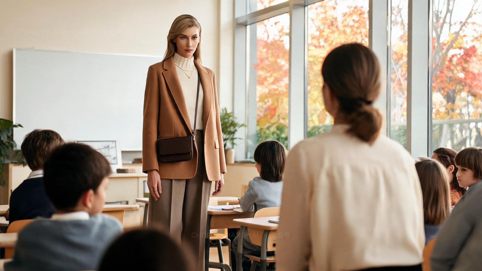 A parent observing a bright classroom from the back during a school tour