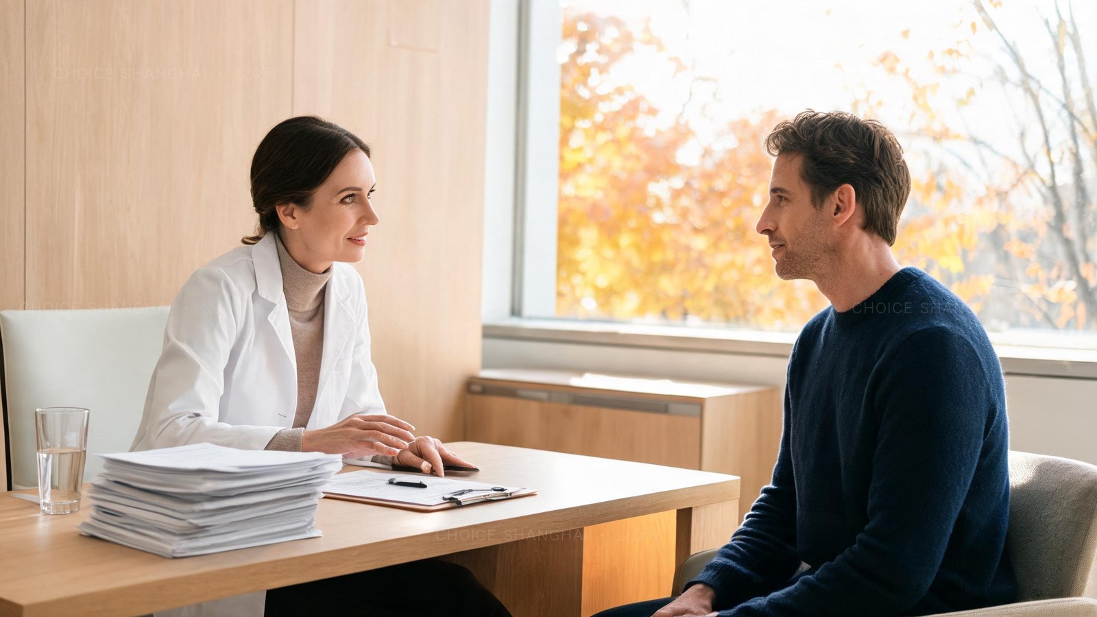 A doctor in a white coat talking with a male patient in a navy knit in a bright, pale-wood private consultation room, autumn trees through the window