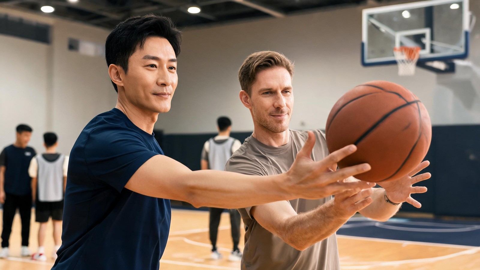 Two players of mixed backgrounds reaching for the ball in a friendly Shanghai social basketball league
