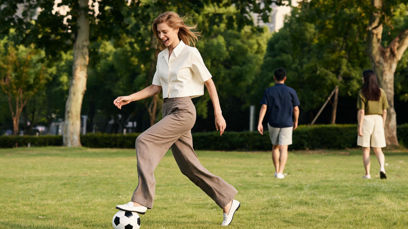 A woman controlling a football during a casual weekend pickup game in a Shanghai park
