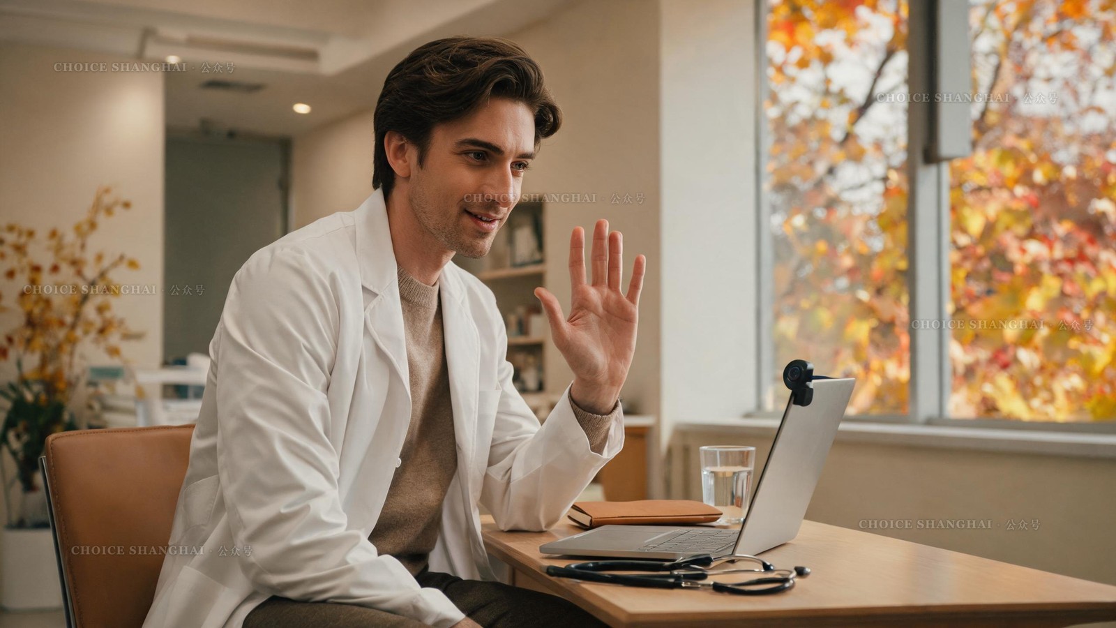 An English-speaking doctor in a white coat waving hello during a telehealth video call from a bright Shanghai clinic desk
