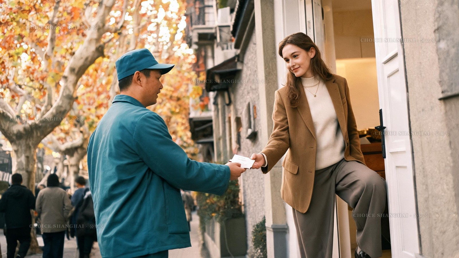A courier handing a small white medicine parcel to a resident at a Shanghai apartment doorway on an autumn street
