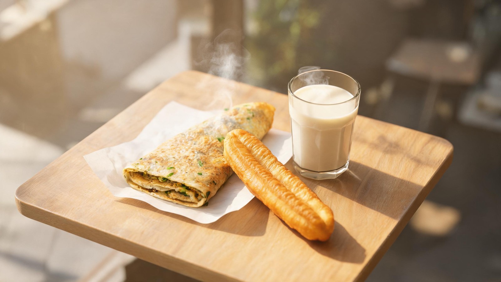 A steaming Shanghai street breakfast on a cafe table: a folded jianbing, a golden you-tiao dough stick and a glass of warm soy milk in morning light