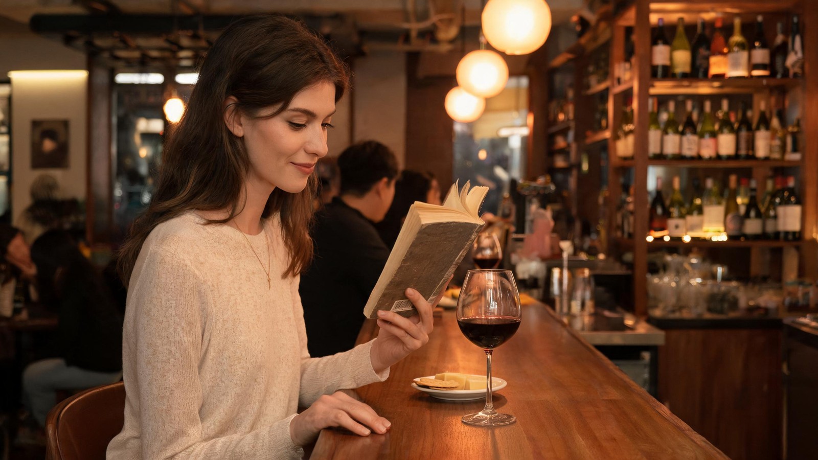 A woman alone at a warm-lit Shanghai wine bar counter on a Sunday evening with a glass of red wine, a cheese plate and an open book