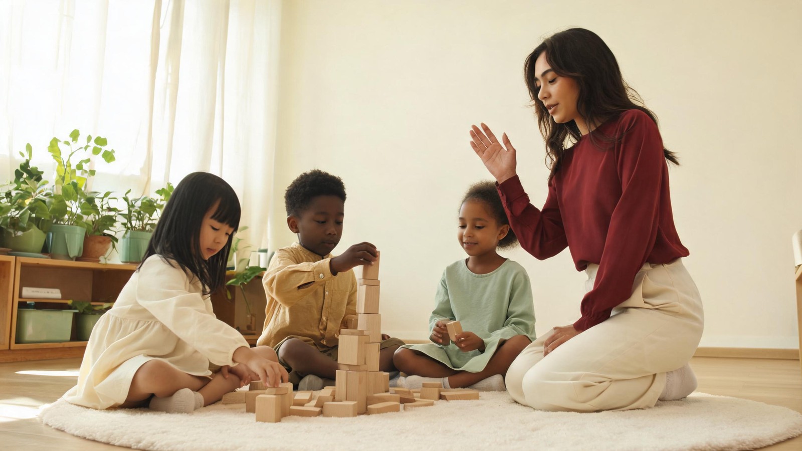 Small children building with wooden blocks on a rug while a teacher kneels beside them in a bright preschool classroom