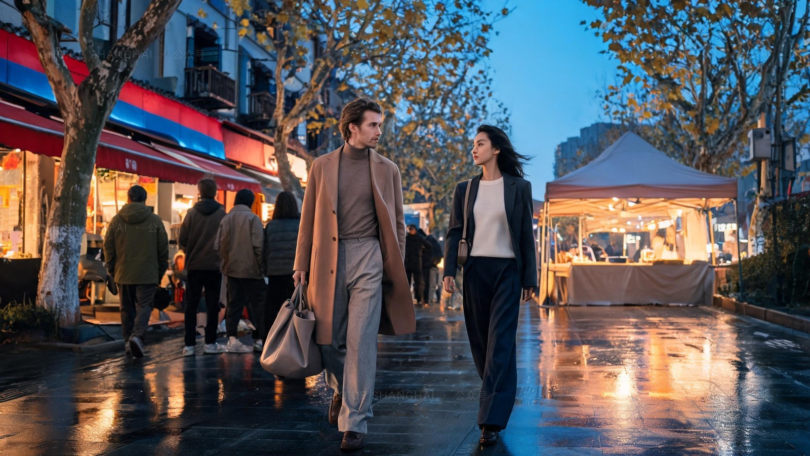 Blue-hour evening on Shanghai's Hongquan Lu Korea Town, glowing Korean eateries and a tented night-market stall under plane trees turning yellow, wet pavement reflecting the light