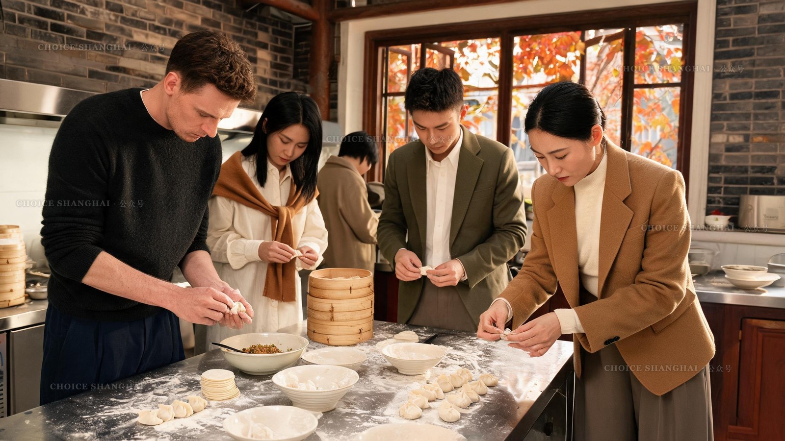 Small mixed group folding dumplings around a floured steel counter at a hands-on Shanghai cooking class