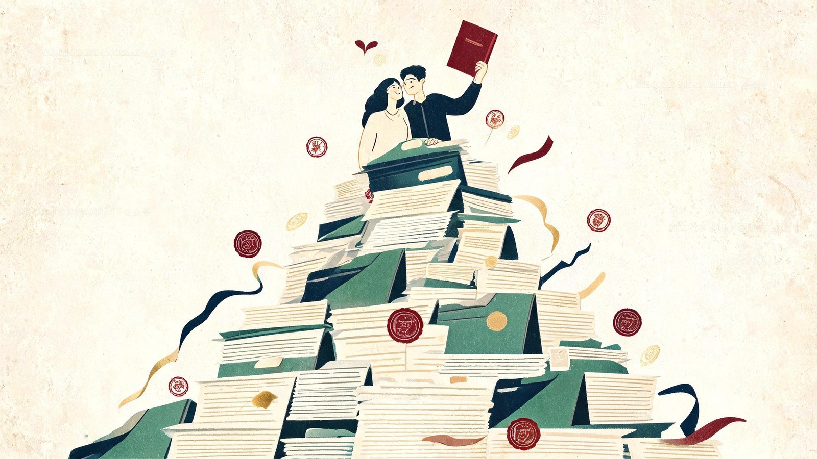 A couple atop a mountain of stamped documents holding a red marriage certificate aloft, love winning over paperwork