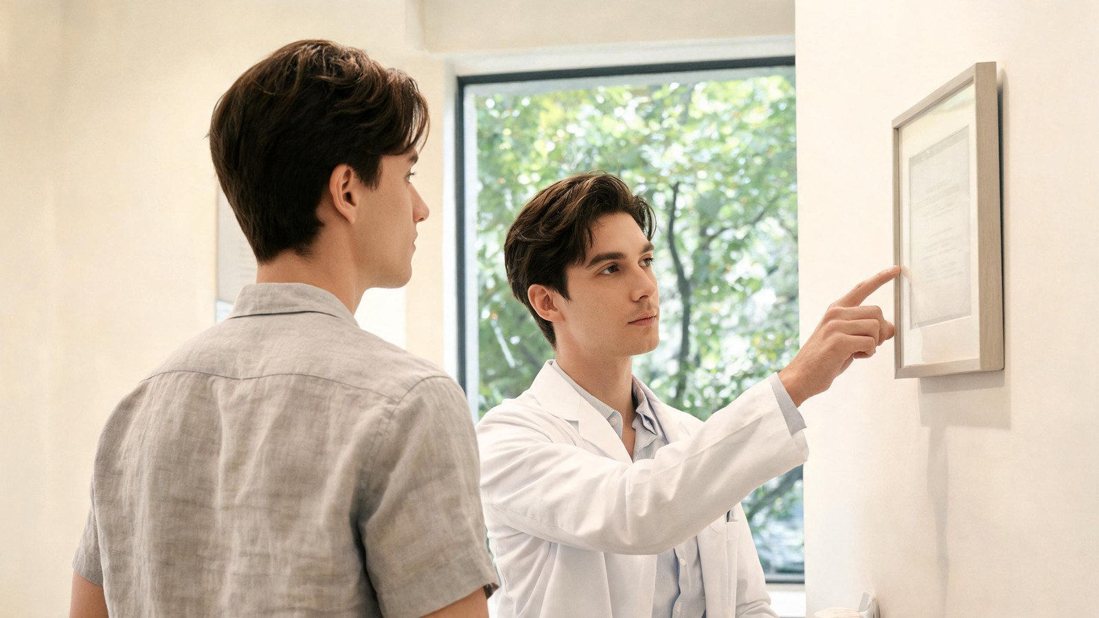 A doctor pointing out the clinic licence framed on the wall to a client