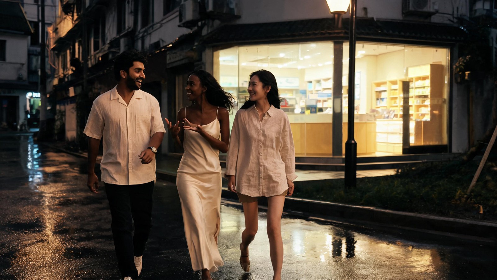 Three friends walking past a lit 24-hour pharmacy on a Shanghai street at night