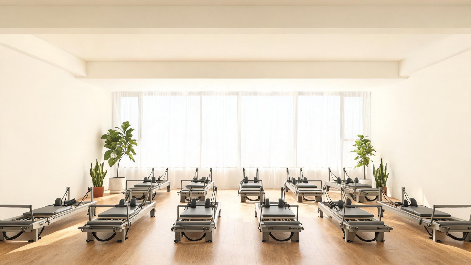 A bright minimalist pilates studio with a row of reformer machines