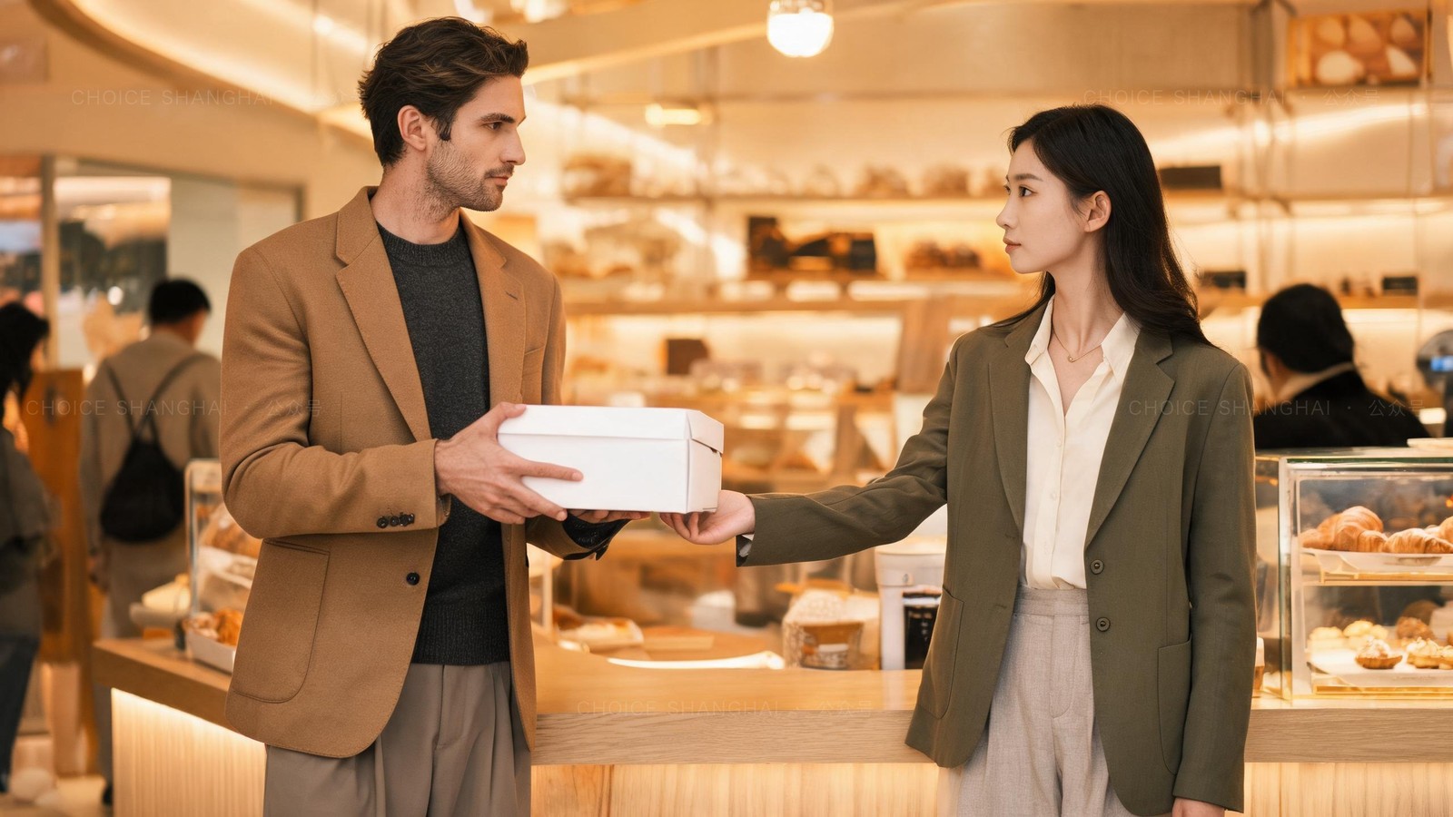 An errand courier carefully picking up a boxed cake at the counter of a cosy Shanghai bakery for a help-me-buy order
