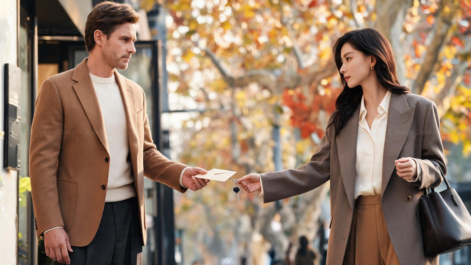 Close shot of two hands exchanging a document envelope and a set of keys at a Shanghai office doorway in warm daylight