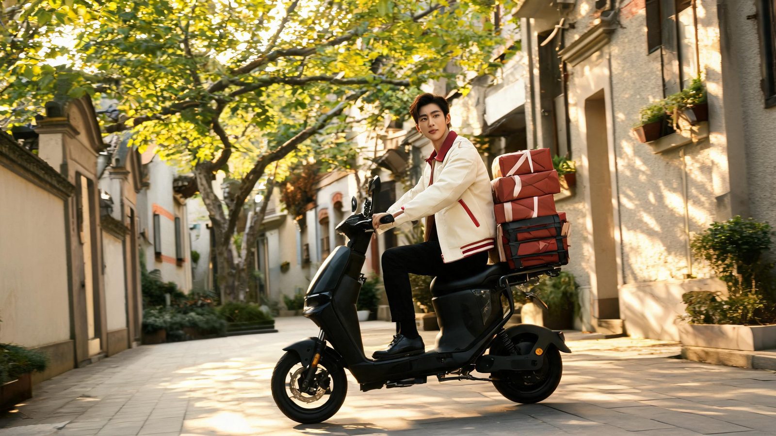 Delivery courier on an electric scooter carrying parcels along a leafy Shanghai lane