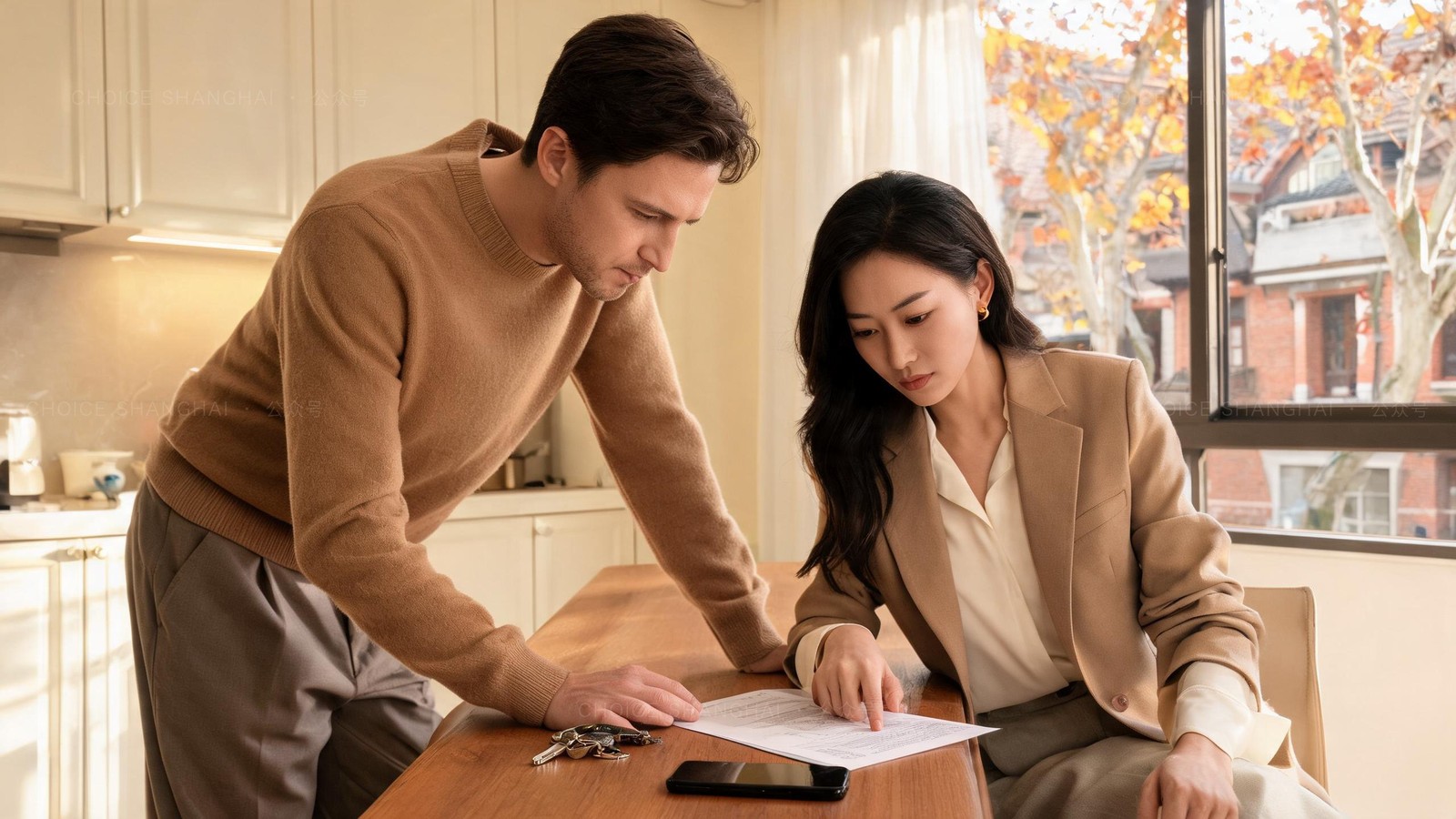 A young expat couple reviewing a Shanghai apartment lease and a set of keys at a kitchen table, natural autumn daylight through the window