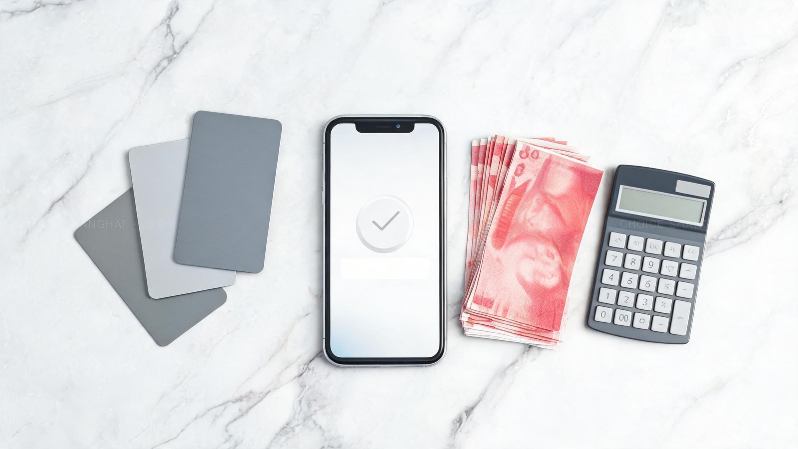 Three sleek prepaid membership cards fanned on a marble counter beside a phone, banknotes and a calculator