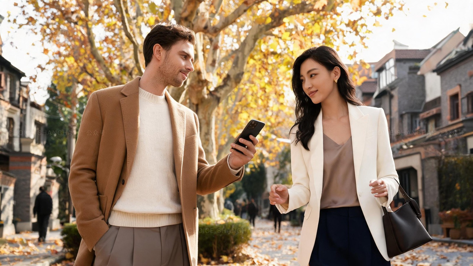 An international man and a local woman chatting on a leafy autumn Shanghai lane, the man holding his phone to add a contact