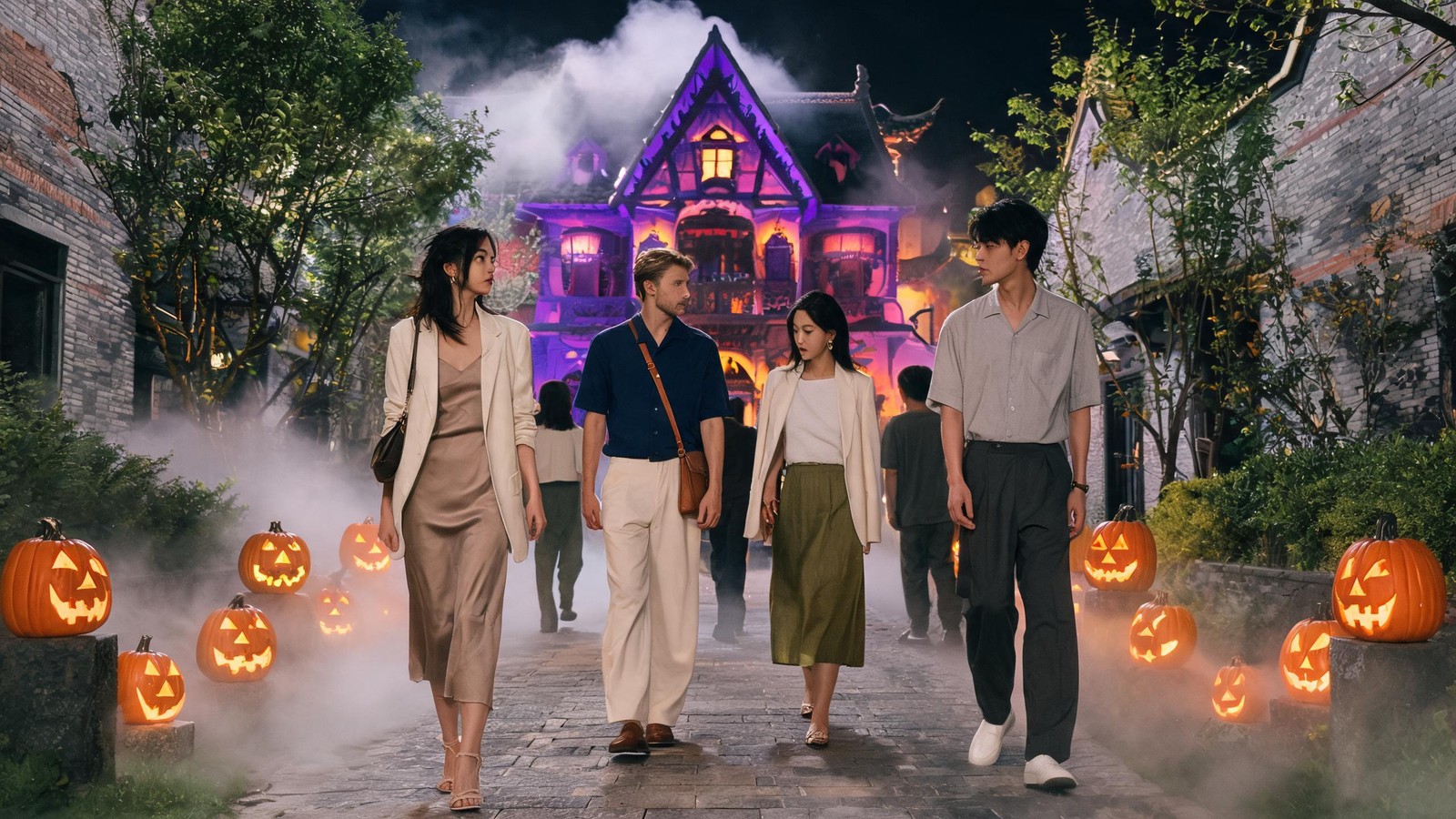 A glowing haunted-house facade with fog and jack-o-lanterns at a Shanghai theme park Halloween event at night