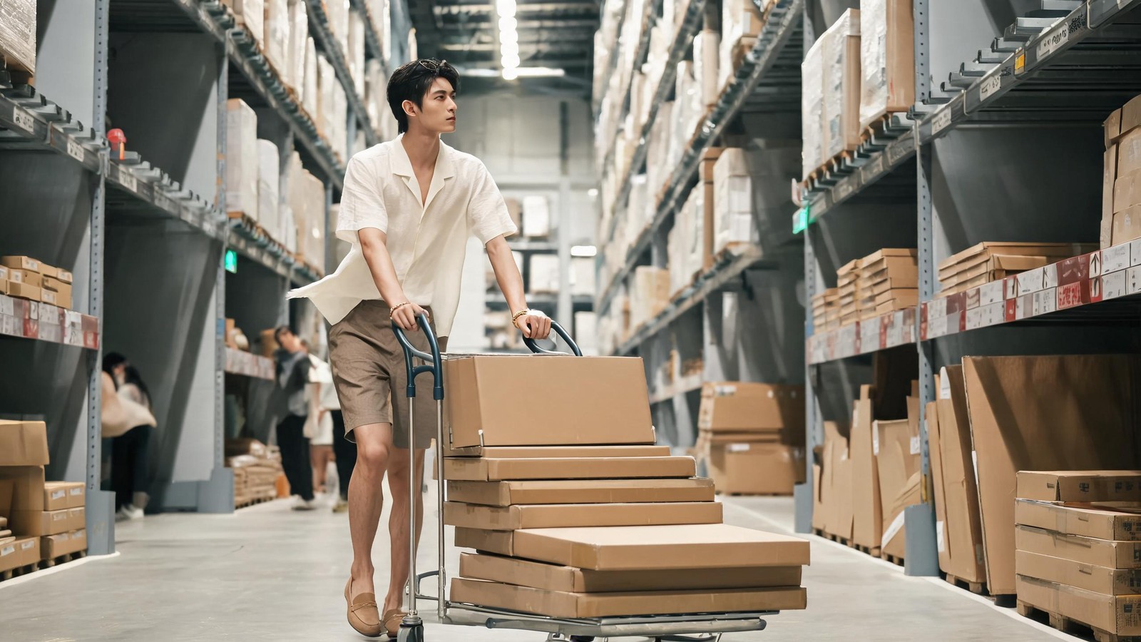 Shopper pushing a flat-pack trolley through an IKEA warehouse aisle in Shanghai