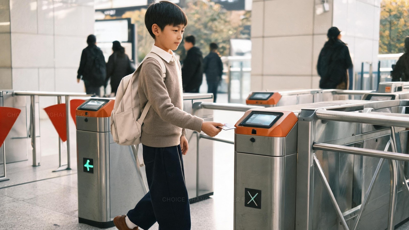 Confident young child tapping a transit card at a clean modern Shanghai metro gate in the afternoon