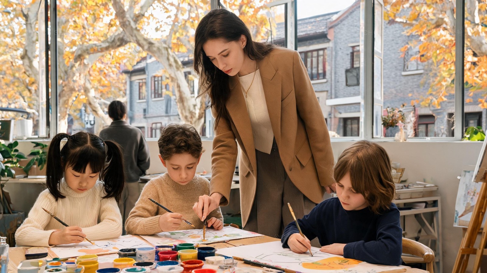 Young children painting at a bright weekend art class in Shanghai while a teacher leans in to help
