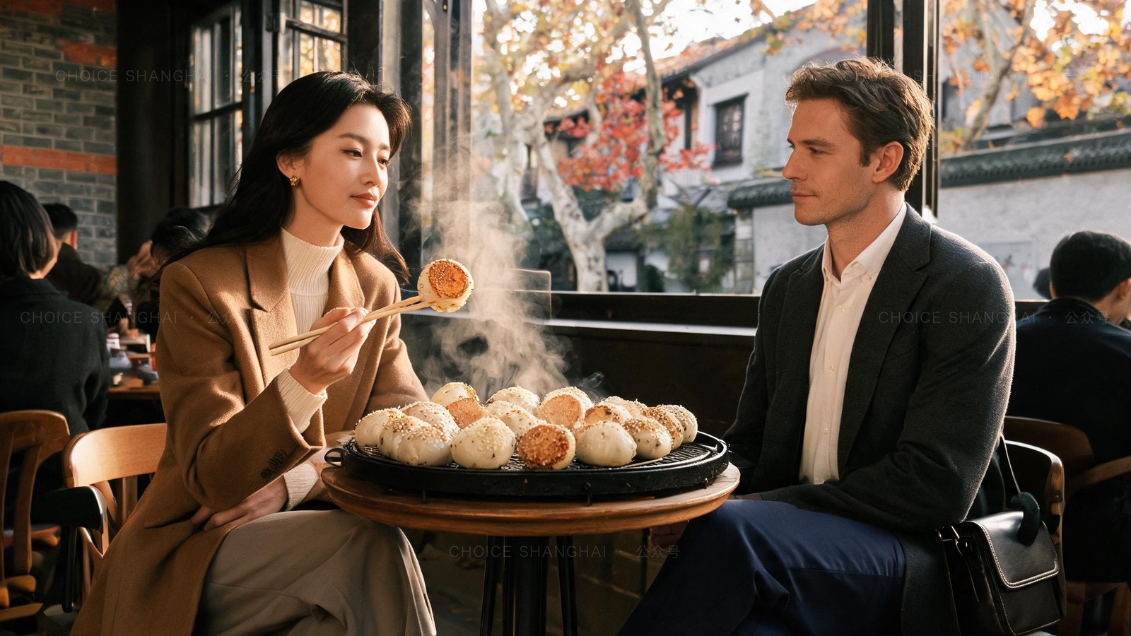 A griddle of sesame-topped Shanghai pan-fried pork buns steaming, a diner lifting one with chopsticks to show the filling, by a lane-house window