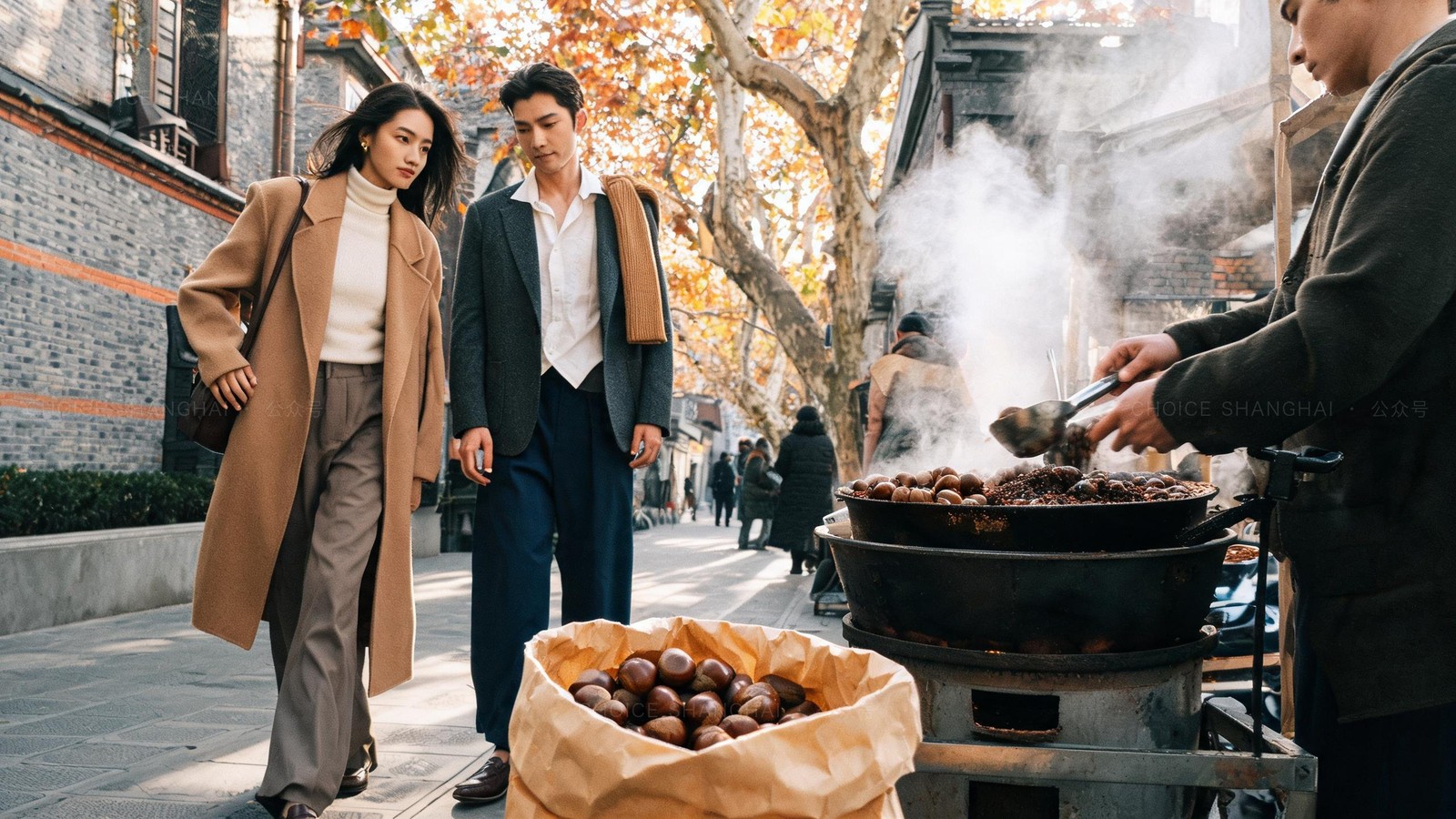 A Shanghai street vendor scooping glossy roasted chestnuts from a steaming drum, a warm paper bag of chestnuts in front, autumn plane trees behind