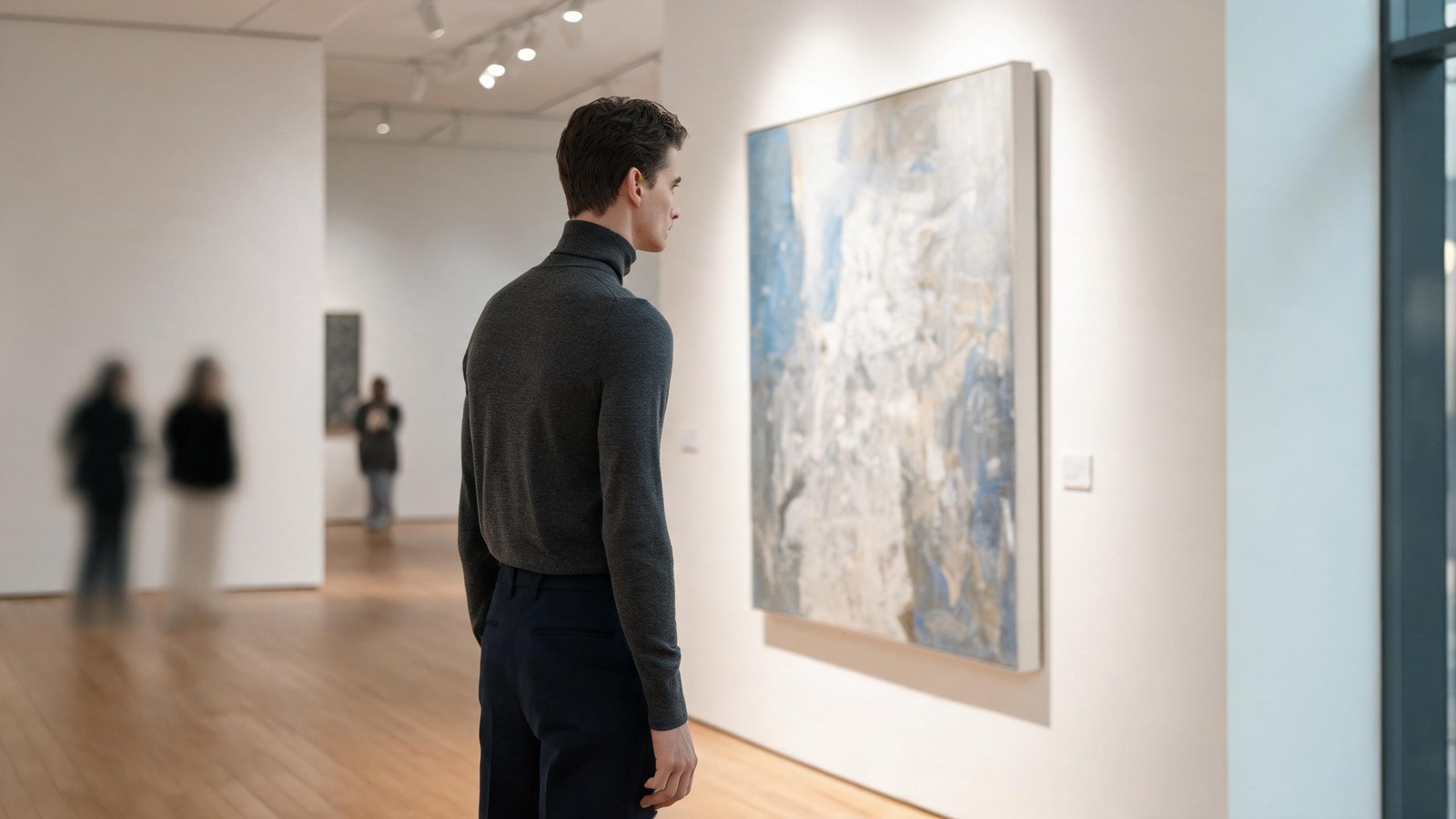 A man alone in a calm Shanghai art museum looking at a large abstract painting on a quiet rainy afternoon