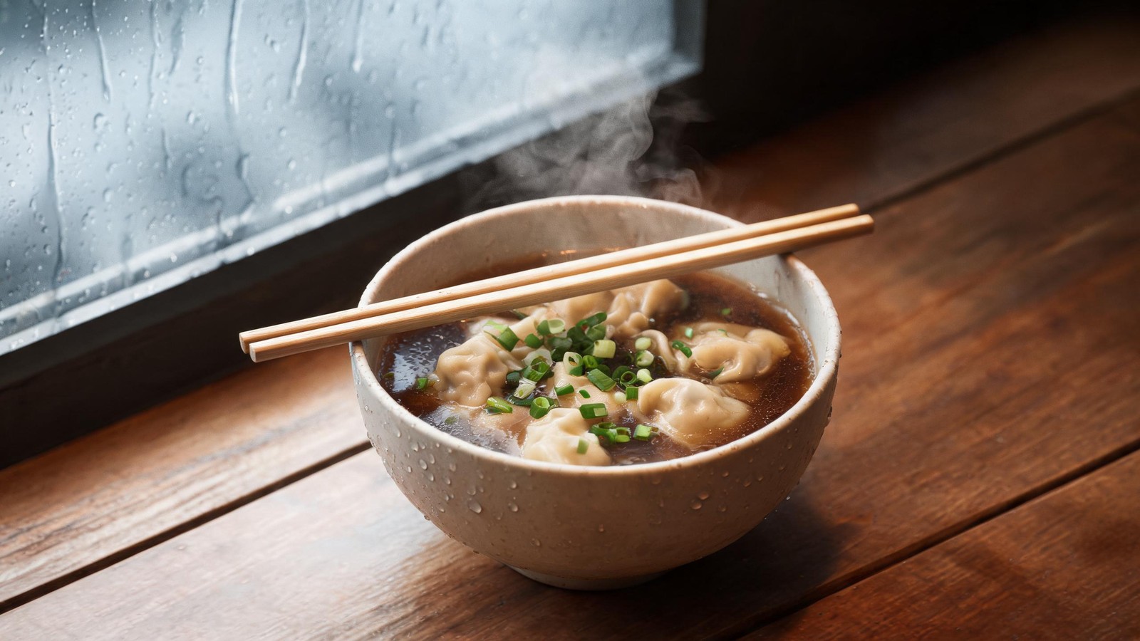 A steaming bowl of Shanghai wonton soup with scallions and chopsticks on a wooden table by a rain-streaked window