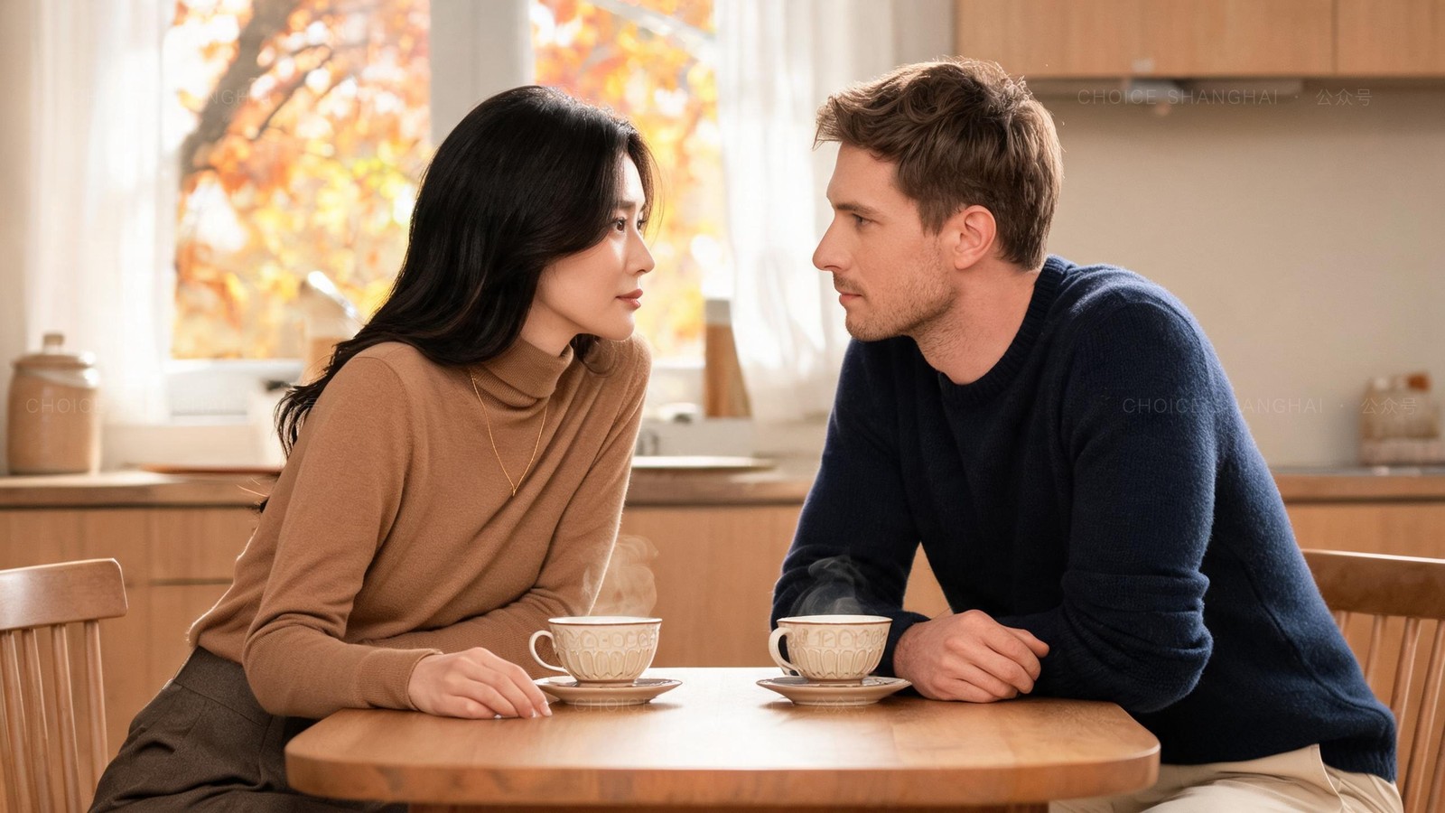 A couple leaning toward each other over tea at a kitchen table, having an honest conversation in warm autumn light
