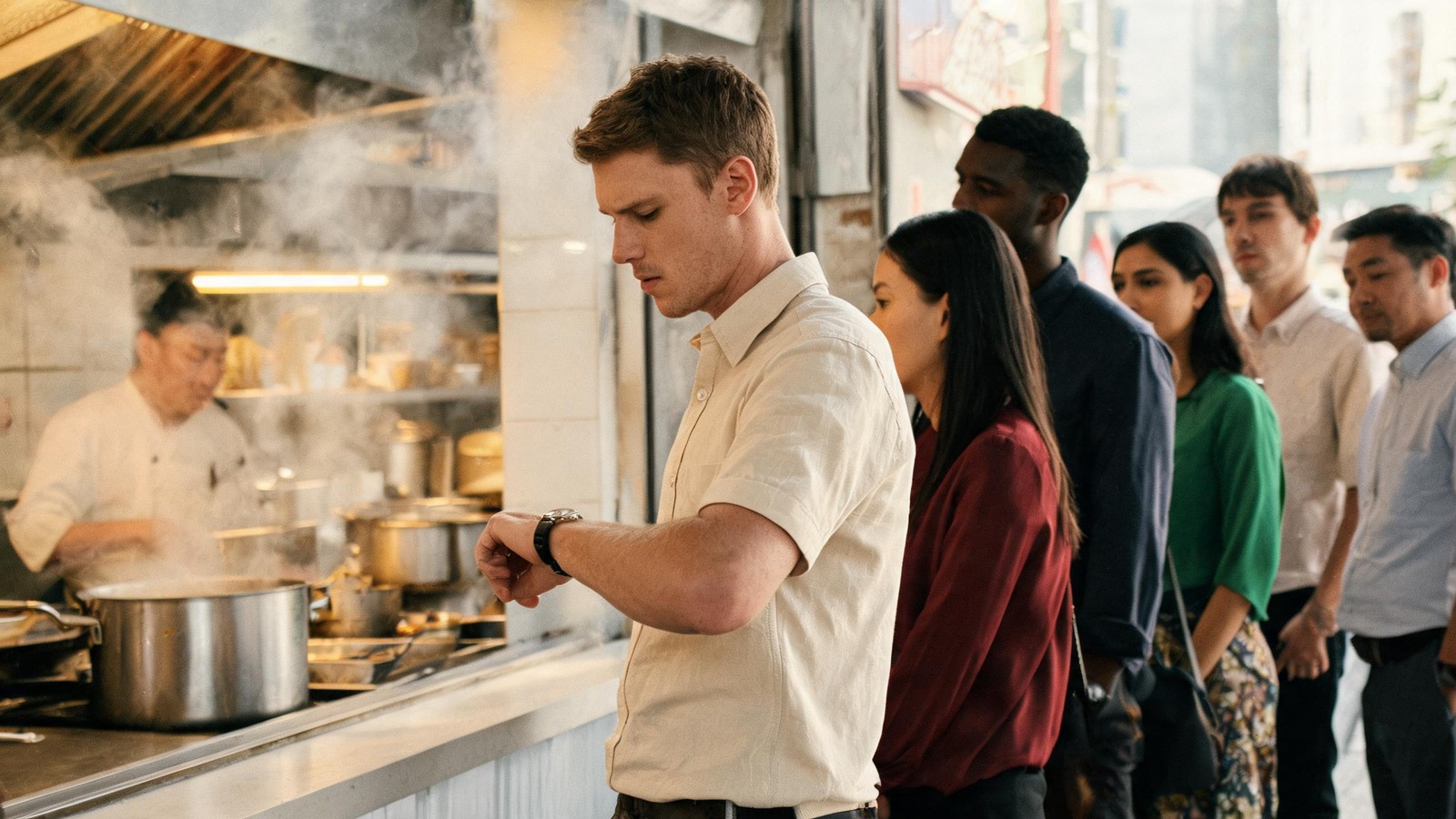 Lunchtime queue of office workers at a small Shanghai noodle counter