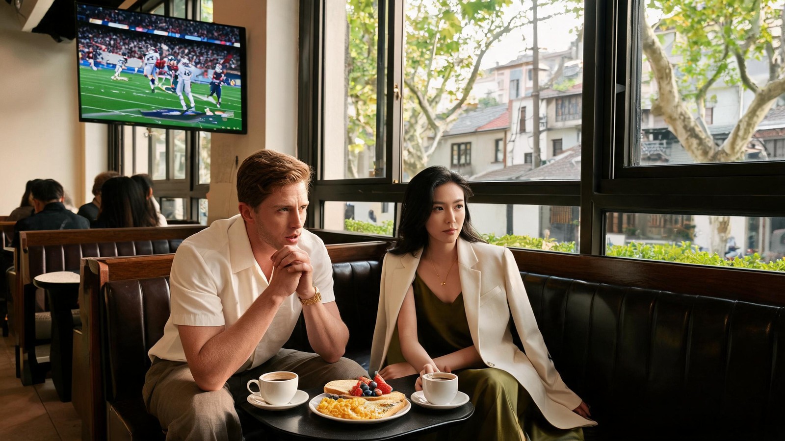 Two friends watching American football on a big screen over breakfast at a Shanghai bar