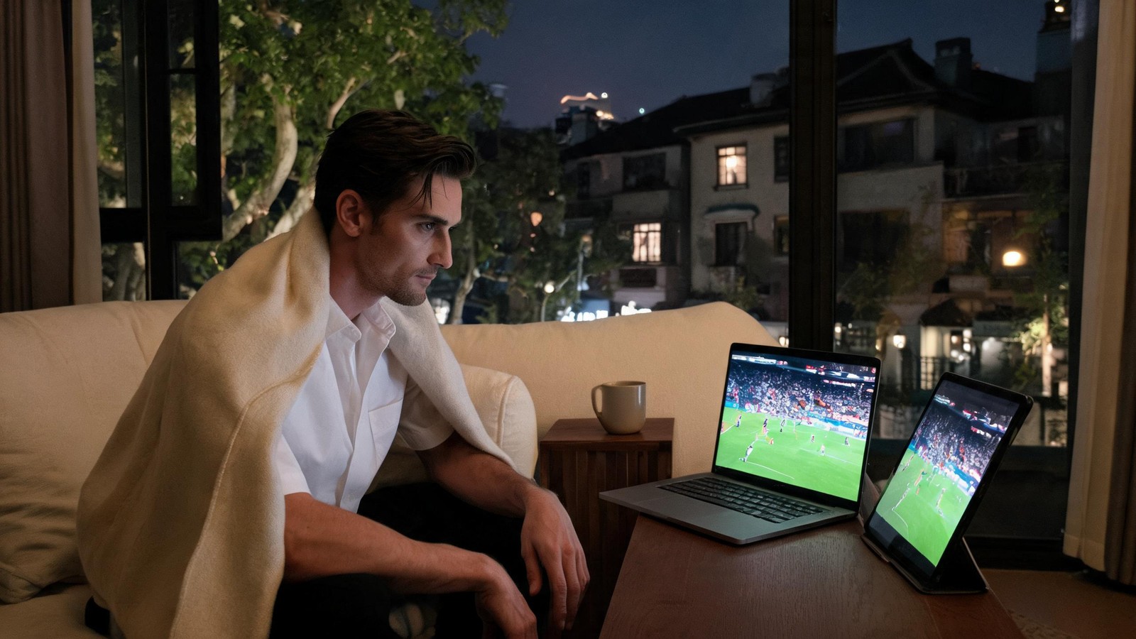 A person watching a live match at home on a laptop and tablet late at night in a Shanghai apartment