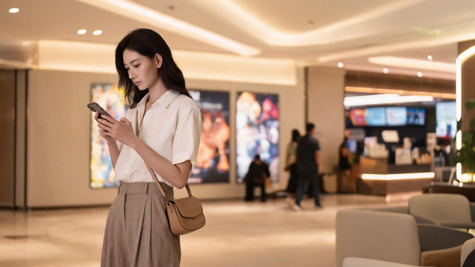 A woman choosing her cinema seat on her phone in a Shanghai cinema lobby