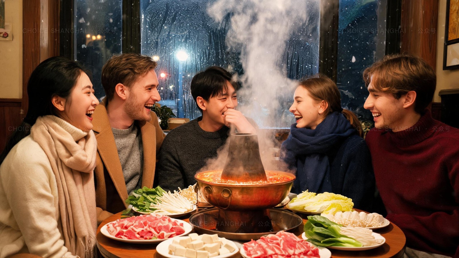 Mixed group of internationals laughing around a steaming copper hotpot on a snowy Shanghai winter night
