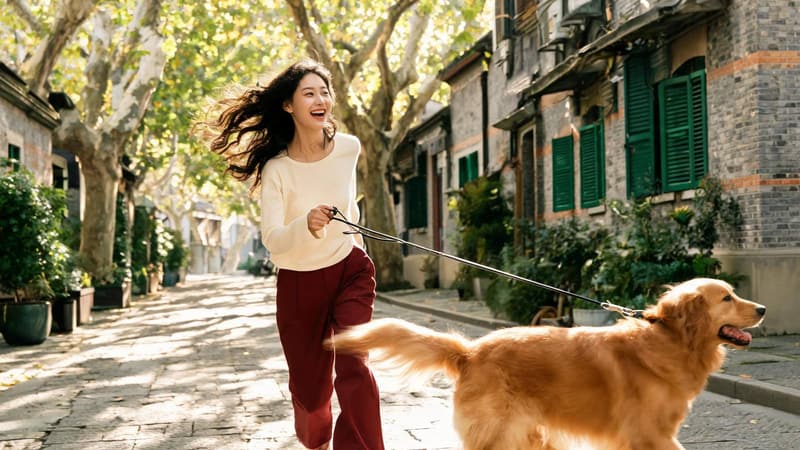 Pet-friendly Shanghai: walking a dog on a leafy street
